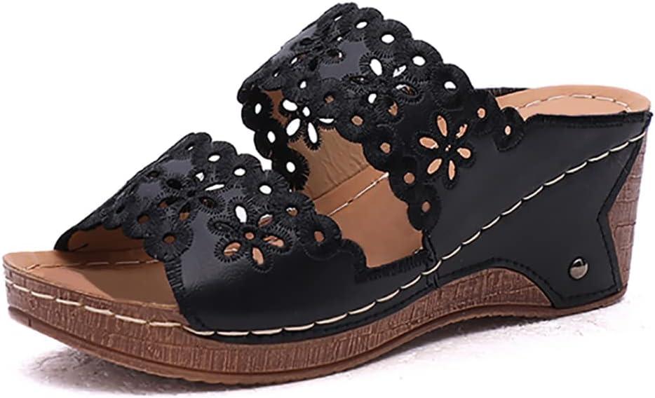 image:imageOnsoyours Sandales Compensees Femme Confortable Mules t Plateforme Bout Ouvert Rome Chaussures Vintage Pantoufles pour Plage Vacances SlippersA Noir