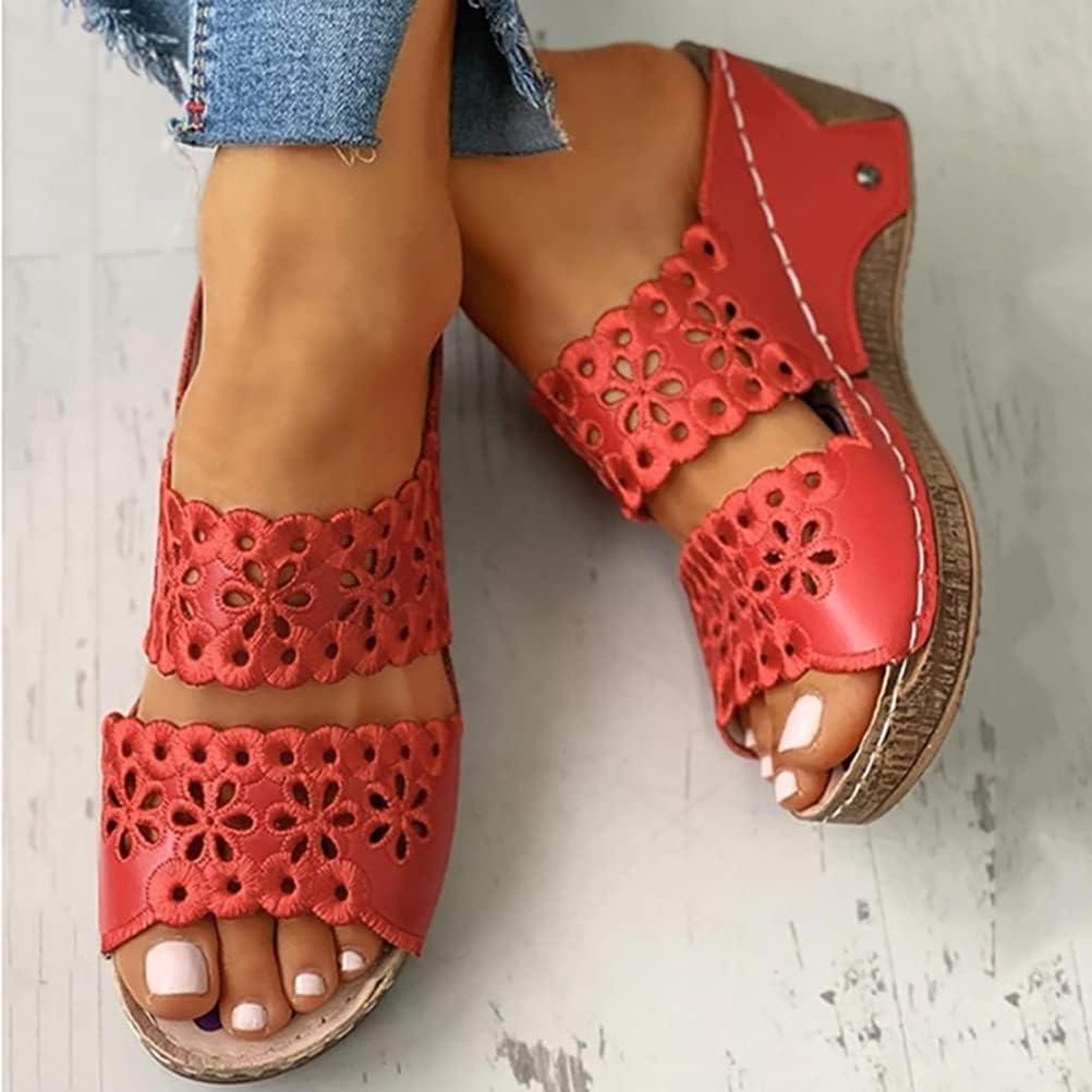 image:imageOnsoyours Sandales Compensees Femme Confortable Mules t Plateforme Bout Ouvert Rome Chaussures Vintage Pantoufles pour Plage Vacances SlippersA Rouge