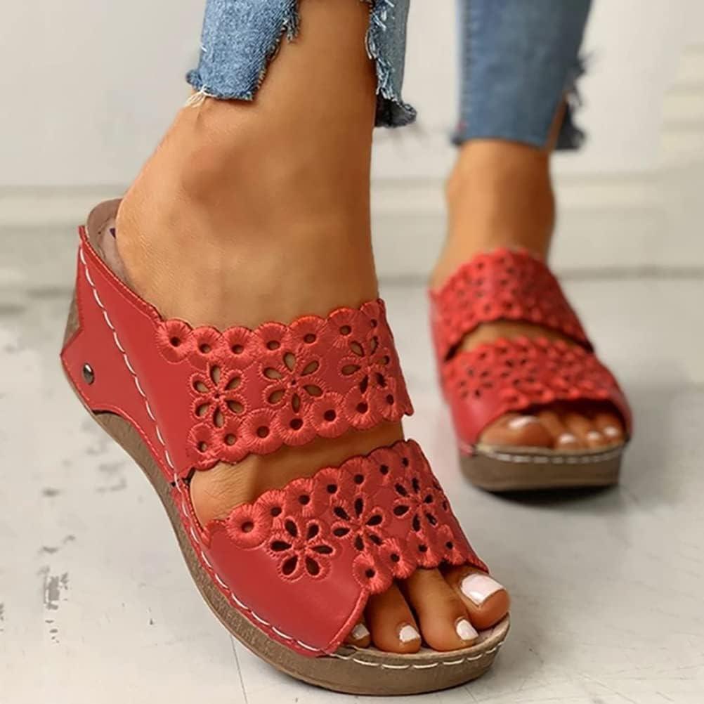 image:imageOnsoyours Sandales Compensees Femme Confortable Mules t Plateforme Bout Ouvert Rome Chaussures Vintage Pantoufles pour Plage Vacances SlippersA Rouge