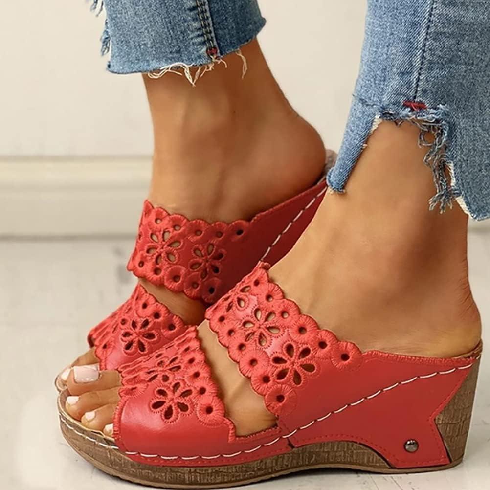 image:imageOnsoyours Sandales Compensees Femme Confortable Mules t Plateforme Bout Ouvert Rome Chaussures Vintage Pantoufles pour Plage Vacances SlippersA Rouge
