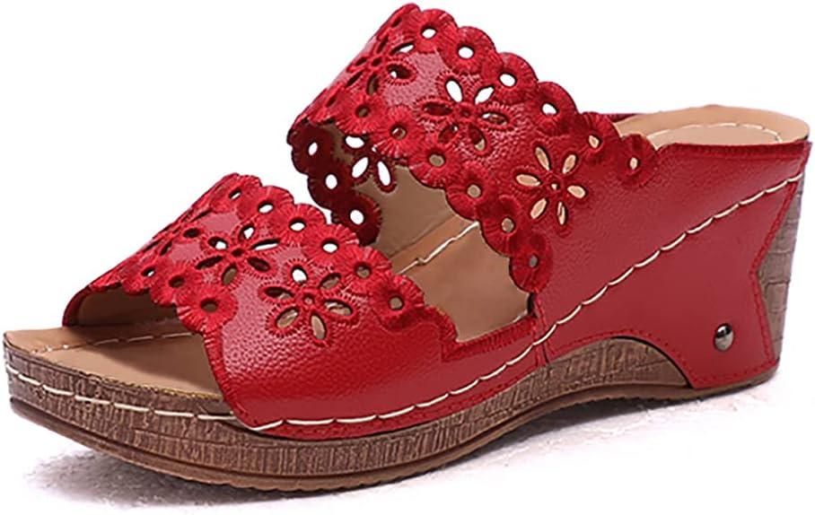 image:imageOnsoyours Sandales Compensees Femme Confortable Mules t Plateforme Bout Ouvert Rome Chaussures Vintage Pantoufles pour Plage Vacances SlippersA Rouge