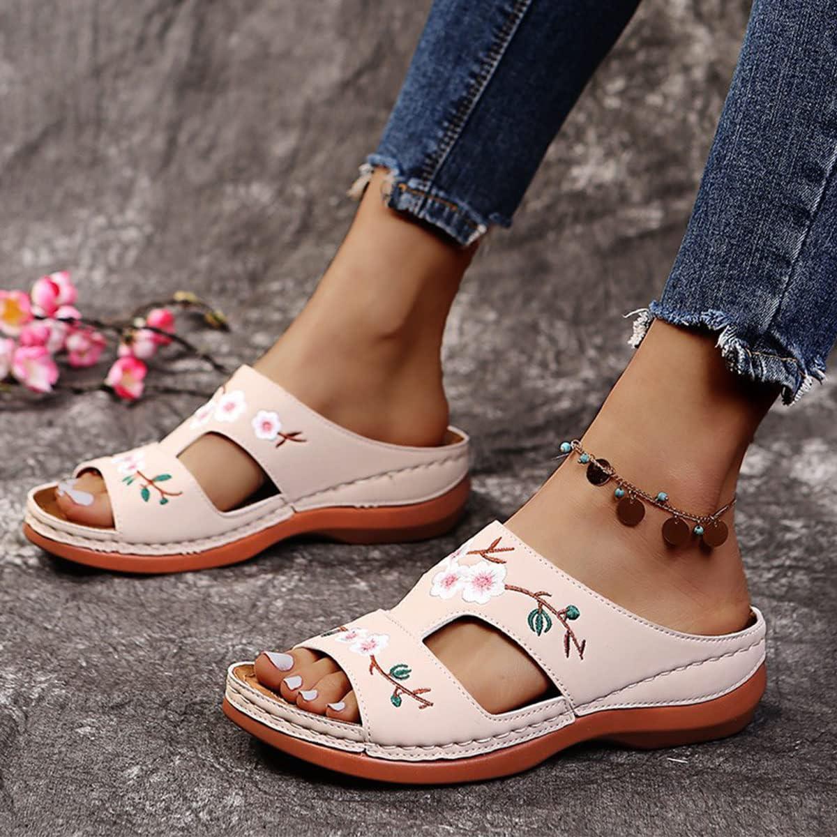 image:imageOnsoyours Sandales Compensees Femme Confortable Mules t Plateforme Bout Ouvert Rome Chaussures Vintage Pantoufles pour Plage Vacances SlippersD Beige
