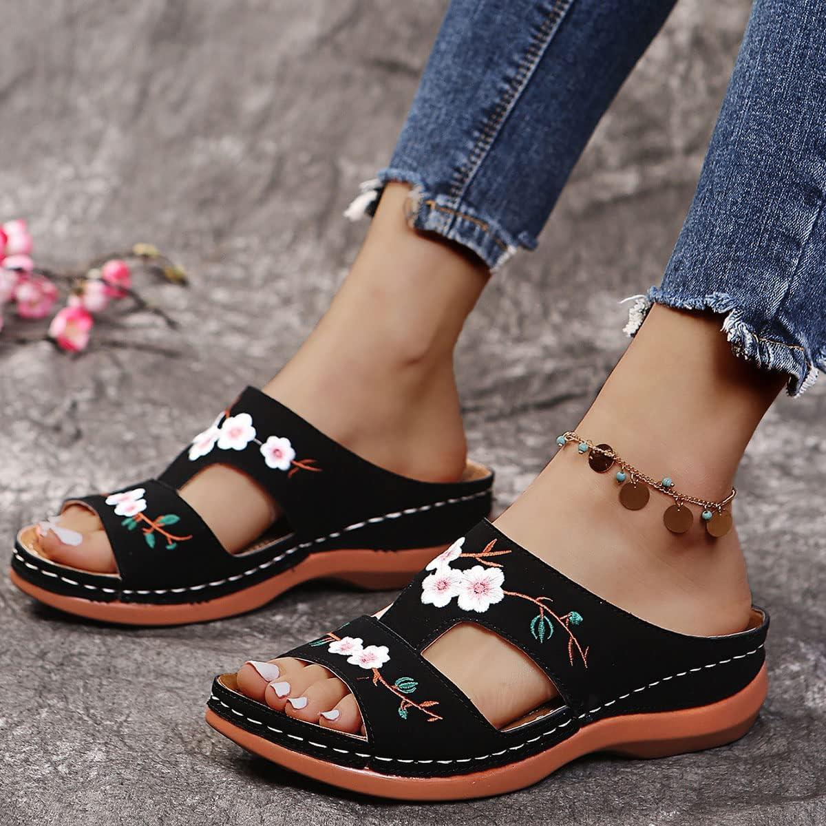 image:imageOnsoyours Sandales Compensees Femme Confortable Mules t Plateforme Bout Ouvert Rome Chaussures Vintage Pantoufles pour Plage Vacances SlippersD Noir