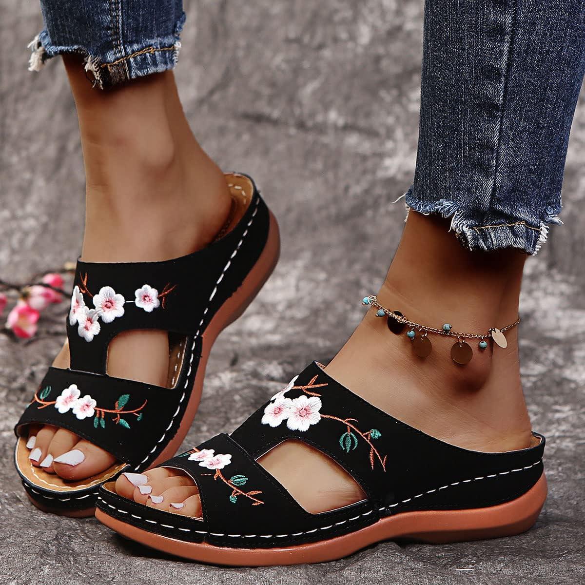image:imageOnsoyours Sandales Compensees Femme Confortable Mules t Plateforme Bout Ouvert Rome Chaussures Vintage Pantoufles pour Plage Vacances SlippersD Noir