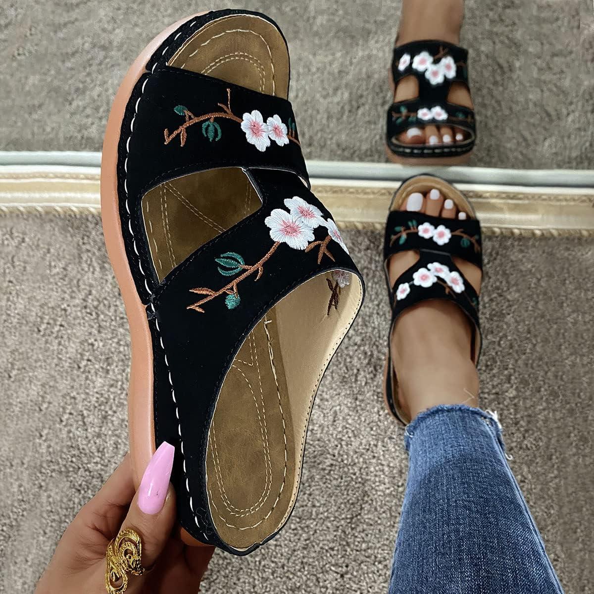 image:imageOnsoyours Sandales Compensees Femme Confortable Mules t Plateforme Bout Ouvert Rome Chaussures Vintage Pantoufles pour Plage Vacances SlippersD Noir