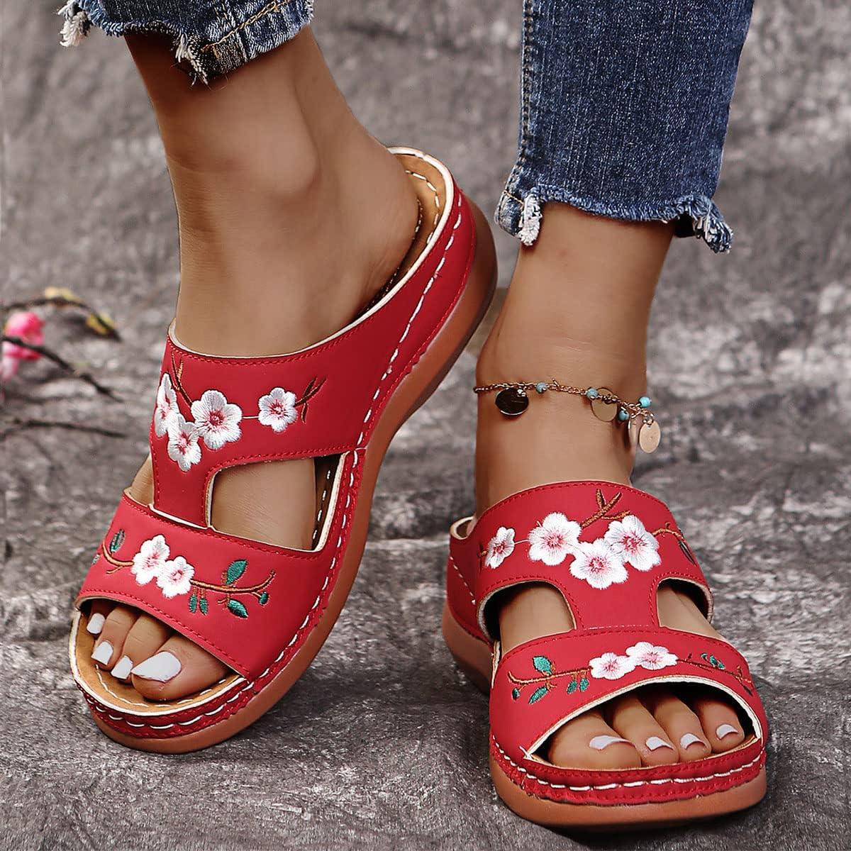 image:imageOnsoyours Sandales Compensees Femme Confortable Mules t Plateforme Bout Ouvert Rome Chaussures Vintage Pantoufles pour Plage Vacances SlippersD Rouge