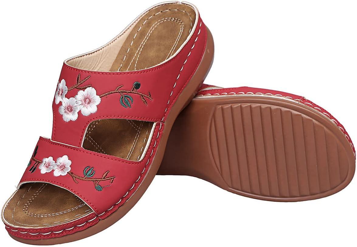 image:imageOnsoyours Sandales Compensees Femme Confortable Mules t Plateforme Bout Ouvert Rome Chaussures Vintage Pantoufles pour Plage Vacances SlippersD Rouge