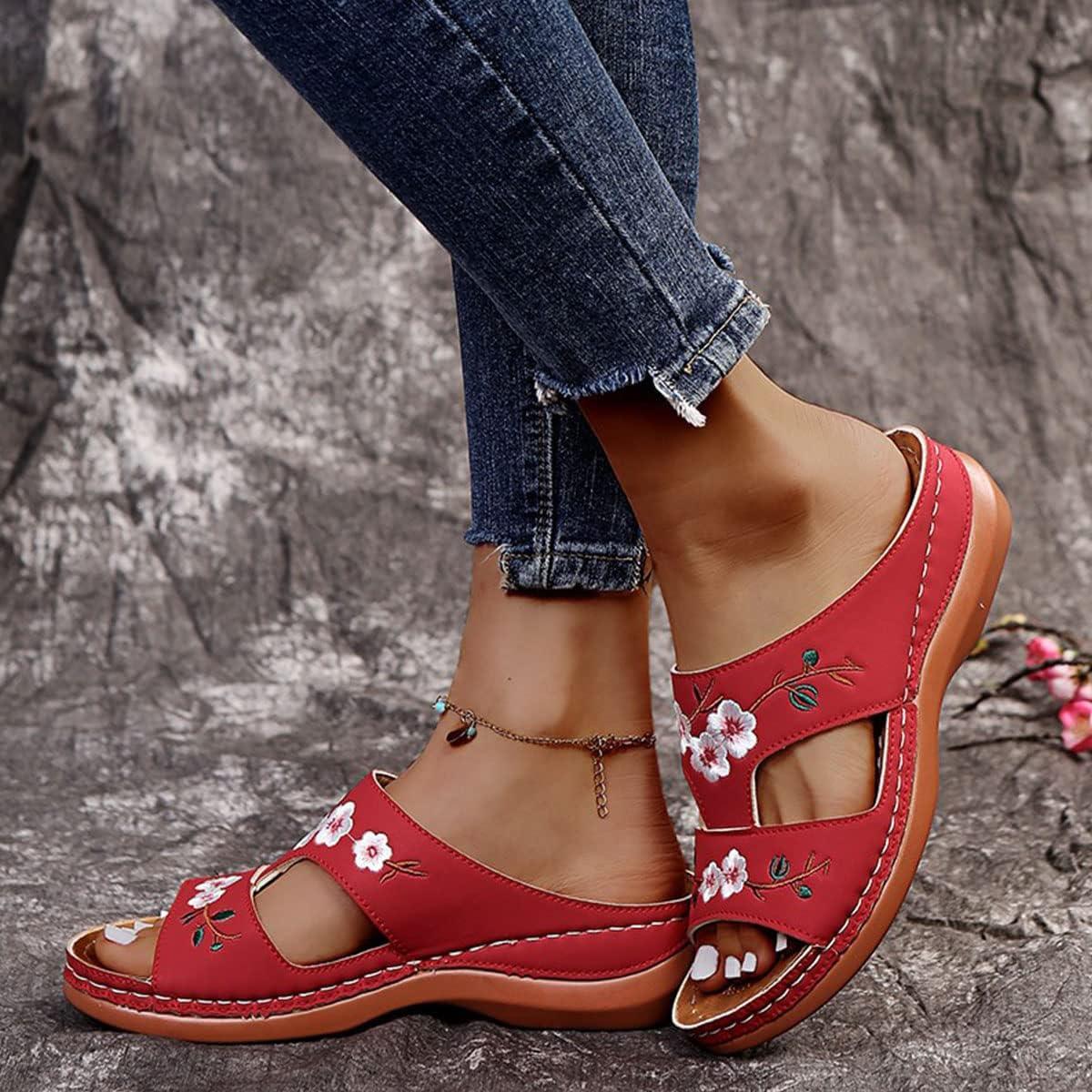 image:imageOnsoyours Sandales Compensees Femme Confortable Mules t Plateforme Bout Ouvert Rome Chaussures Vintage Pantoufles pour Plage Vacances SlippersD Rouge