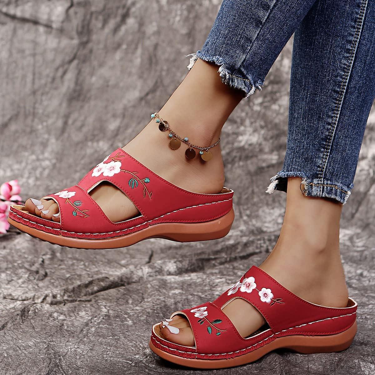 image:imageOnsoyours Sandales Compensees Femme Confortable Mules t Plateforme Bout Ouvert Rome Chaussures Vintage Pantoufles pour Plage Vacances SlippersD Rouge