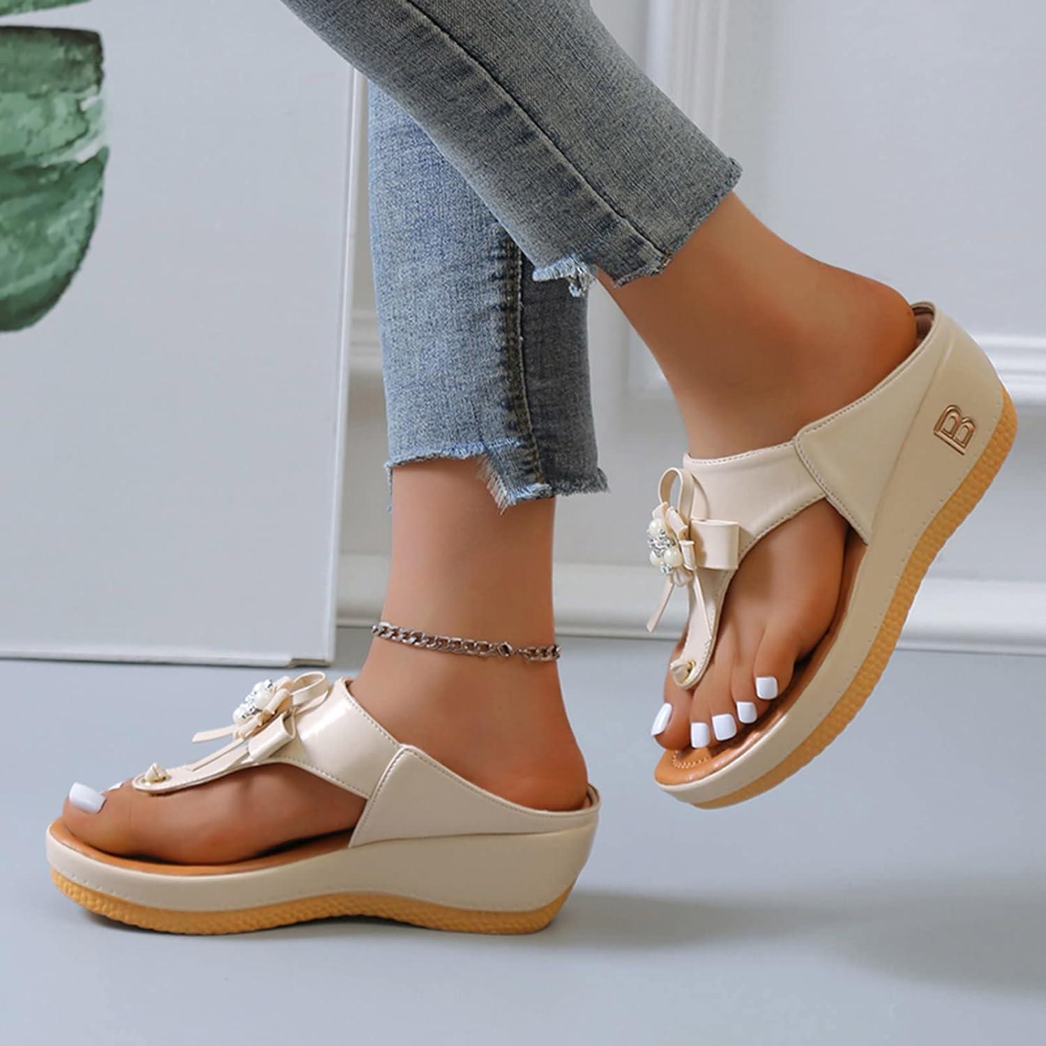 image:imageOnsoyours Sandales Compensees Femme Confortable Mules t Plateforme Bout Ouvert Rome Chaussures Vintage Pantoufles pour Plage Vacances SlippersE Beige