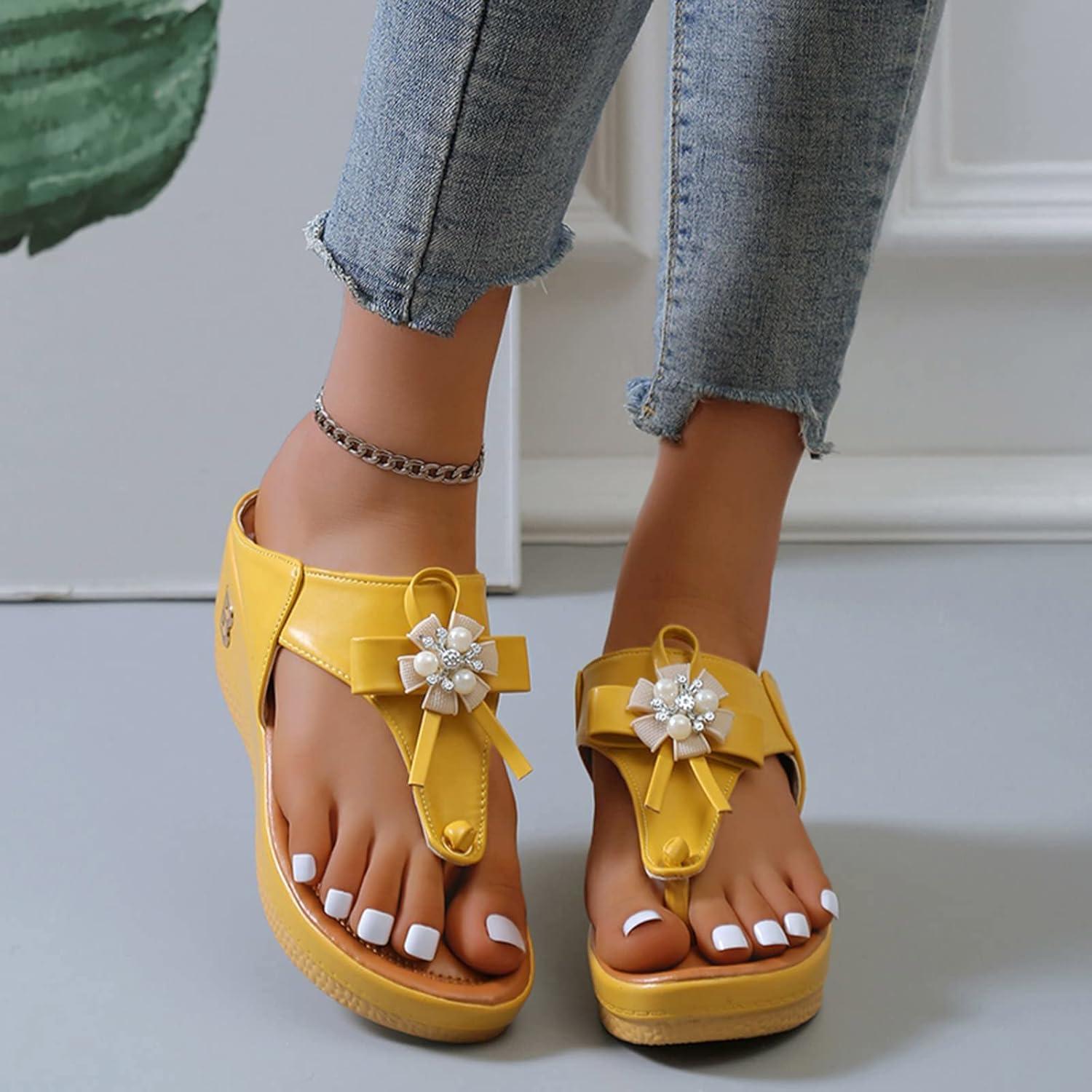 image:imageOnsoyours Sandales Compensees Femme Confortable Mules t Plateforme Bout Ouvert Rome Chaussures Vintage Pantoufles pour Plage Vacances SlippersE Jaune
