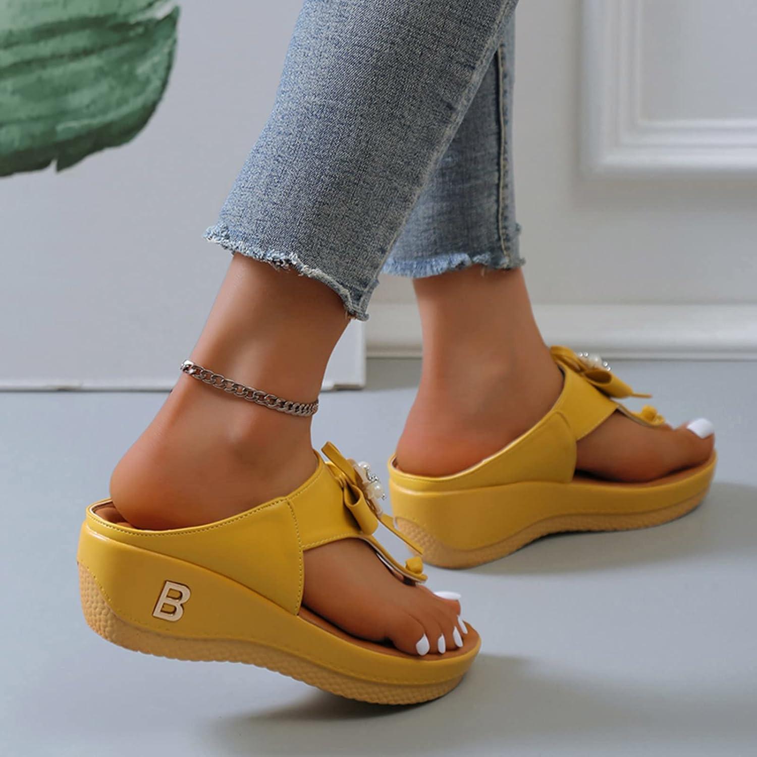 image:imageOnsoyours Sandales Compensees Femme Confortable Mules t Plateforme Bout Ouvert Rome Chaussures Vintage Pantoufles pour Plage Vacances SlippersE Jaune