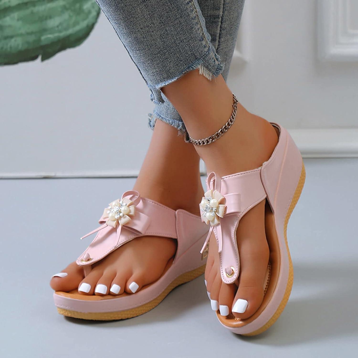 image:imageOnsoyours Sandales Compensees Femme Confortable Mules t Plateforme Bout Ouvert Rome Chaussures Vintage Pantoufles pour Plage Vacances SlippersE Rose