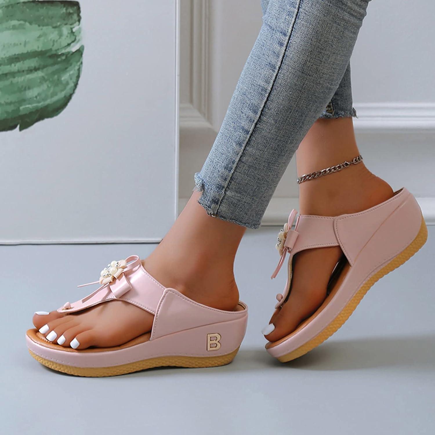 image:imageOnsoyours Sandales Compensees Femme Confortable Mules t Plateforme Bout Ouvert Rome Chaussures Vintage Pantoufles pour Plage Vacances SlippersE Rose