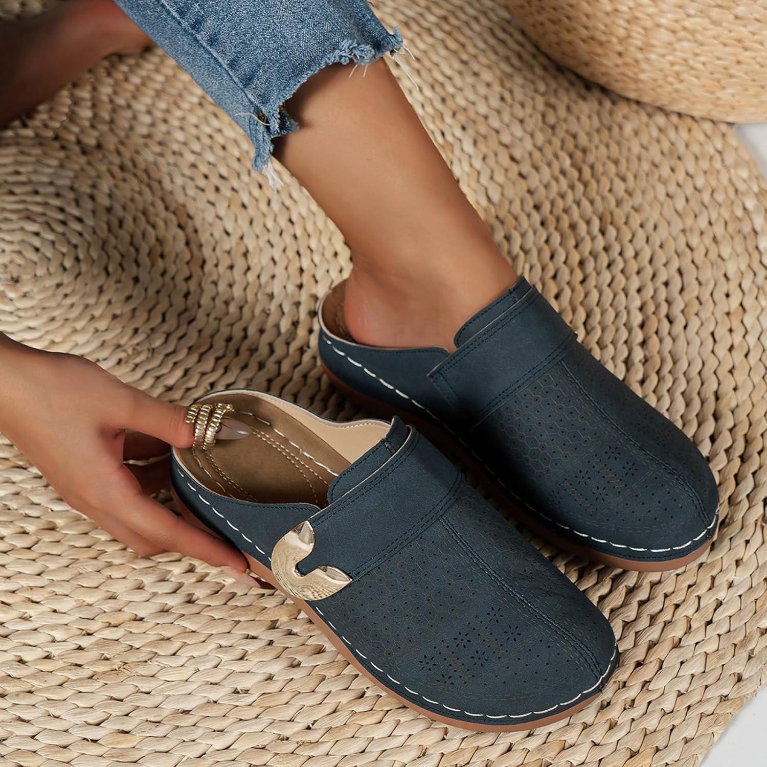 image:imageSabots orthopdiques enfiler bout ferm pour femme Coupe large Sandales de marche avec soutien de la vote plantaire et sangle boucle rglableBleu Marine