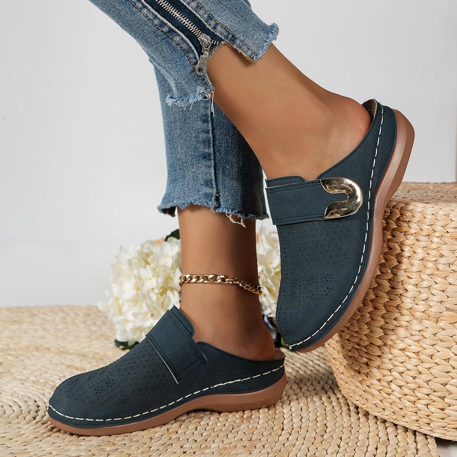 image:imageSabots orthopdiques enfiler bout ferm pour femme Coupe large Sandales de marche avec soutien de la vote plantaire et sangle boucle rglableBleu Marine