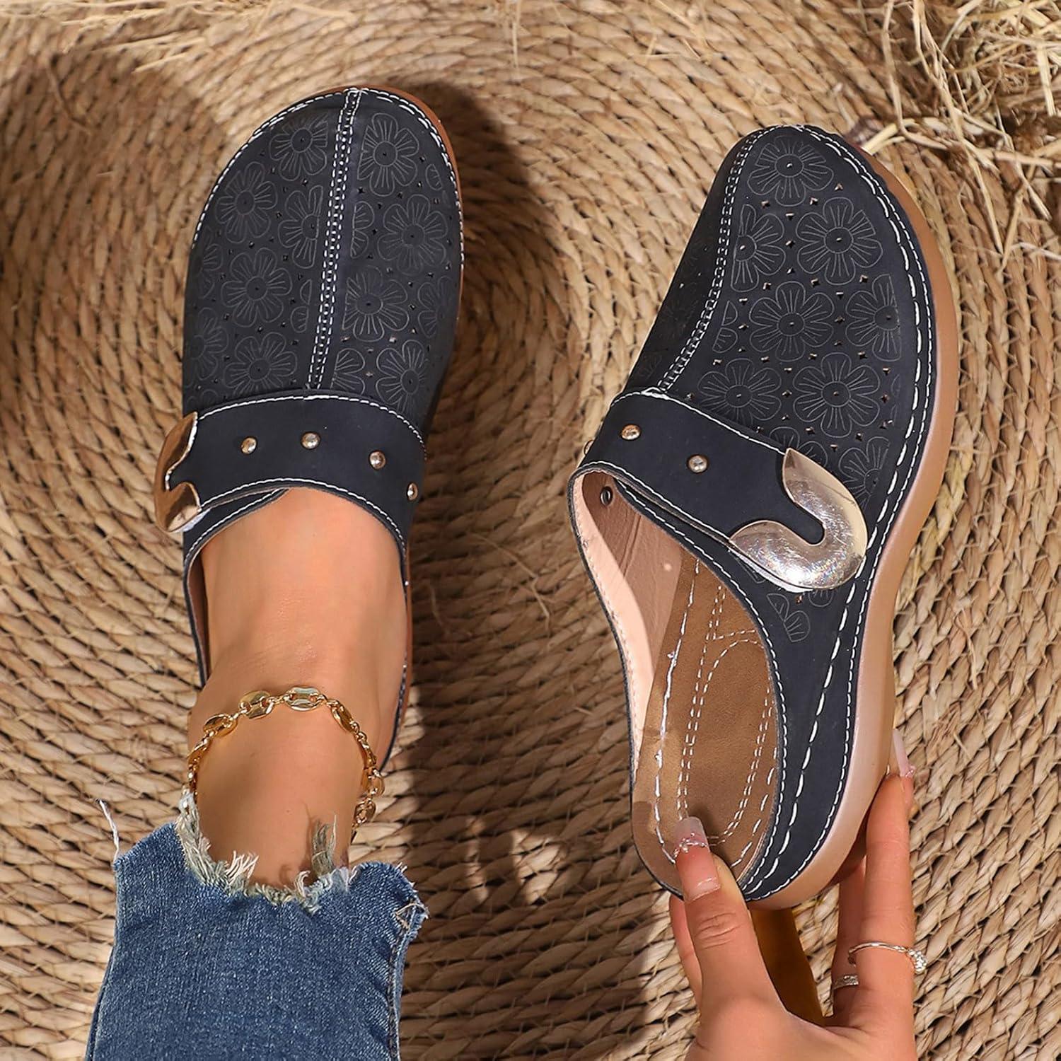image:imageSabots orthopdiques enfiler bout ferm pour femme Coupe large Sandales de marche avec soutien de la vote plantaire et sangle boucle rglableNoir 1