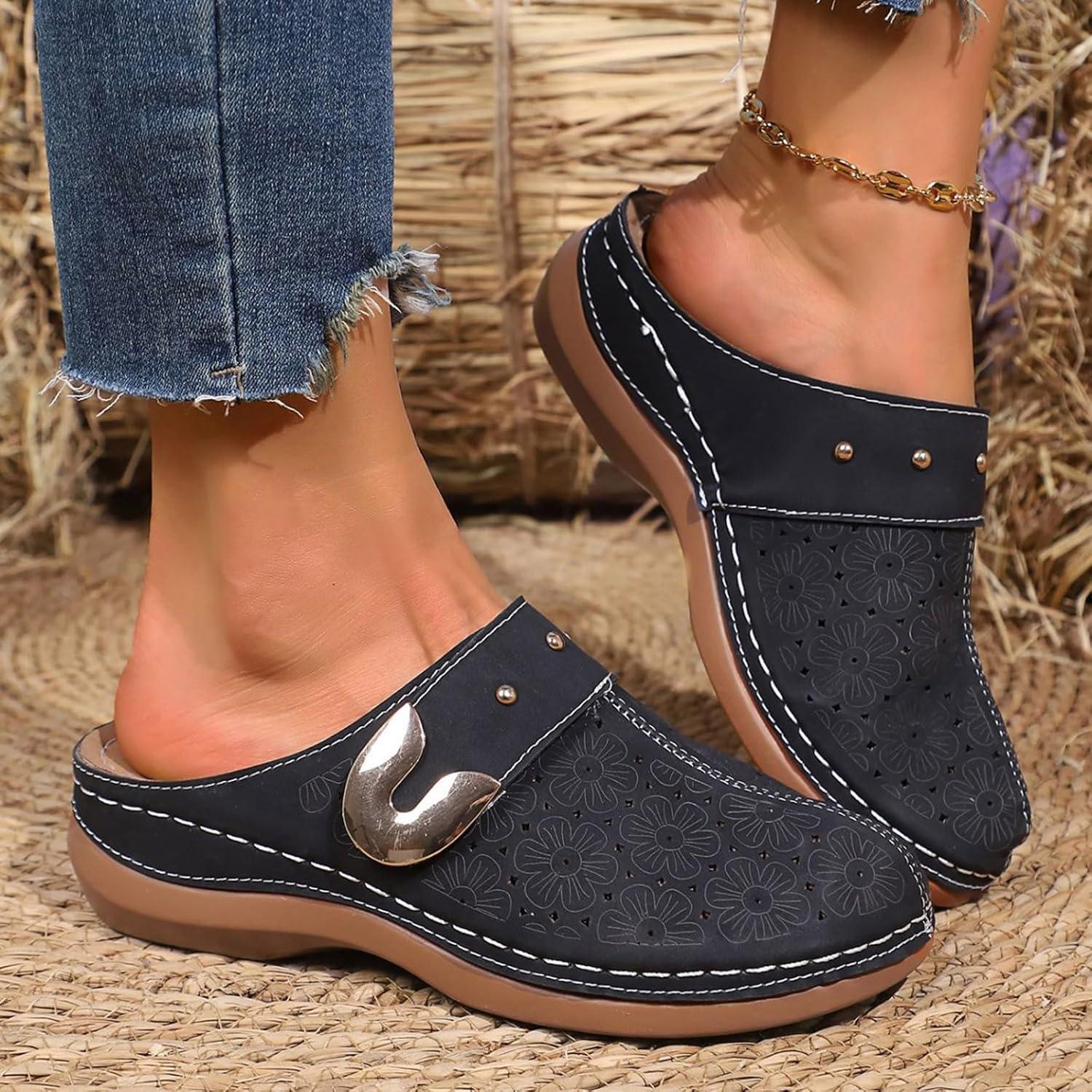 image:imageSabots orthopdiques enfiler bout ferm pour femme Coupe large Sandales de marche avec soutien de la vote plantaire et sangle boucle rglableNoir 1