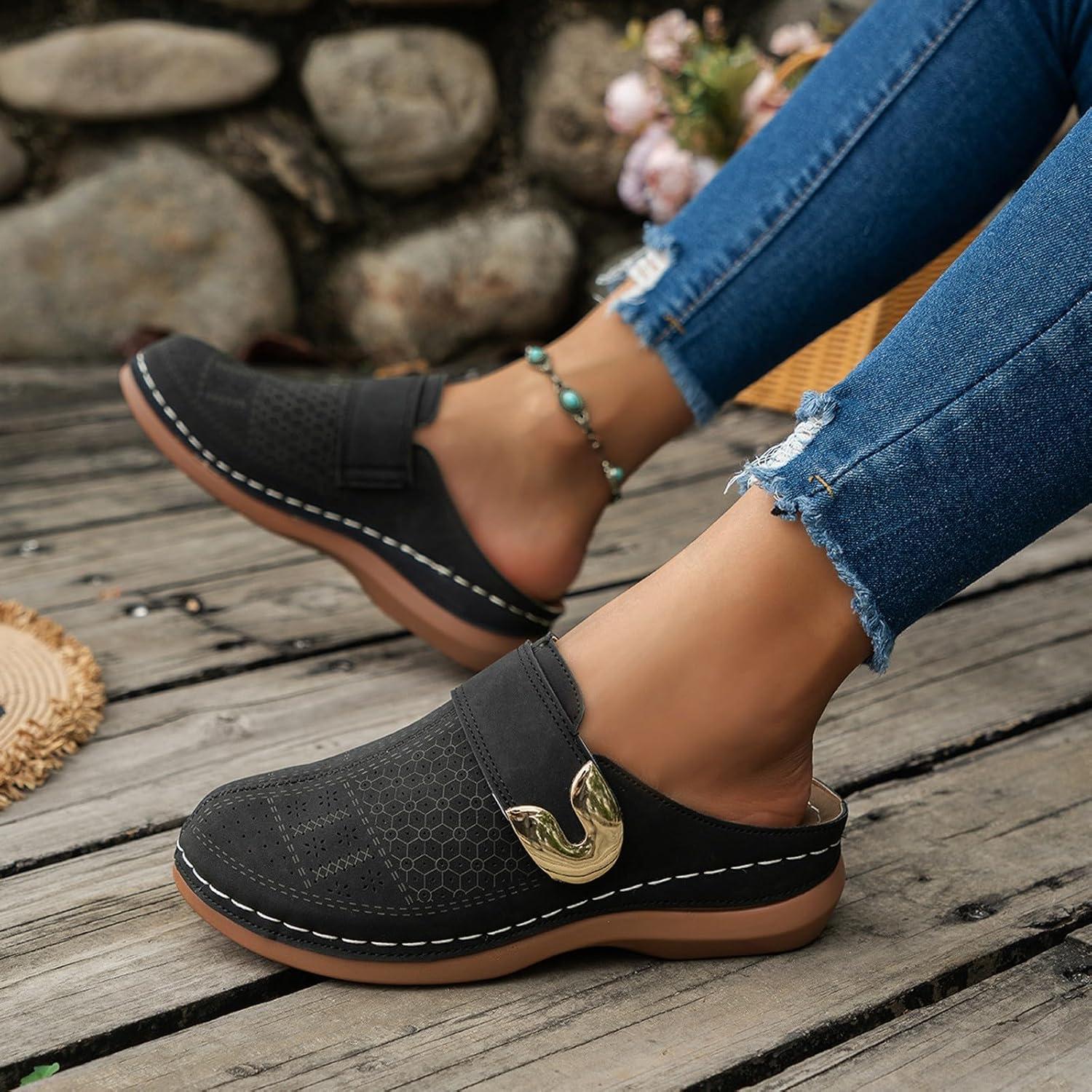 image:imageSabots orthopdiques enfiler bout ferm pour femme Coupe large Sandales de marche avec soutien de la vote plantaire et sangle boucle rglableNoir