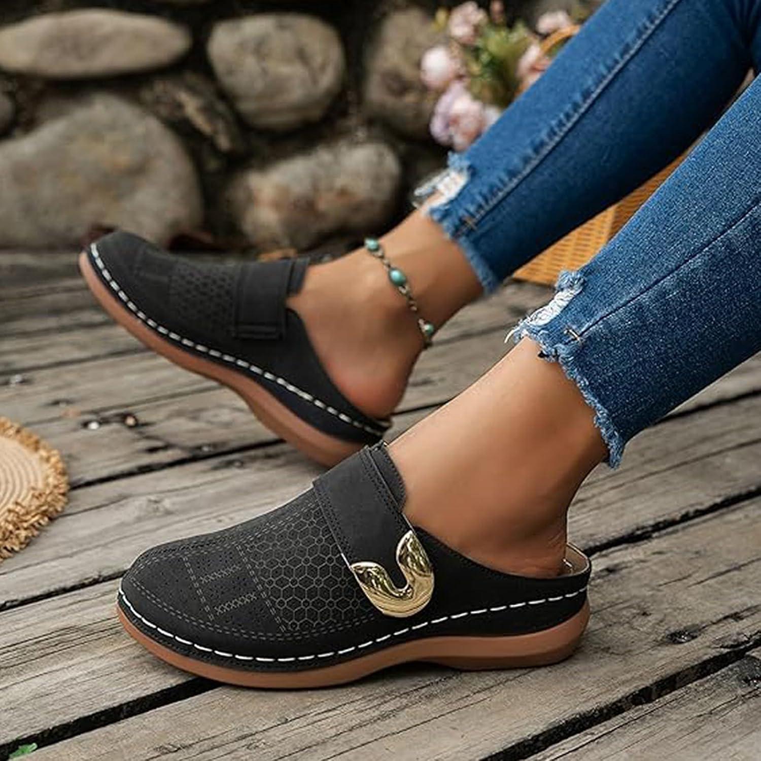 image:imageSabots orthopdiques enfiler bout ferm pour femme Coupe large Sandales de marche avec soutien de la vote plantaire et sangle boucle rglableNoir