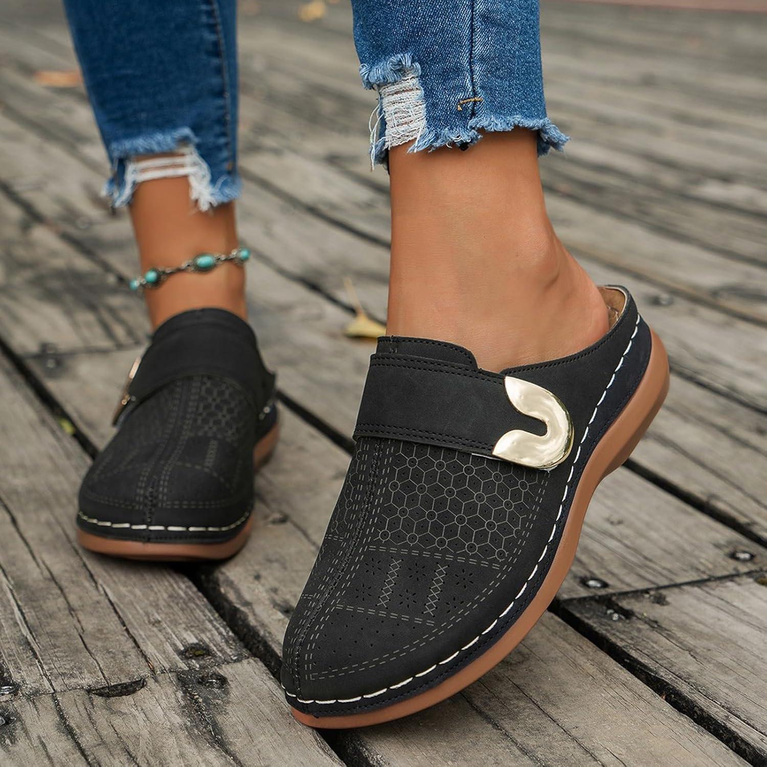 image:imageSabots orthopdiques enfiler bout ferm pour femme Coupe large Sandales de marche avec soutien de la vote plantaire et sangle boucle rglableNoir