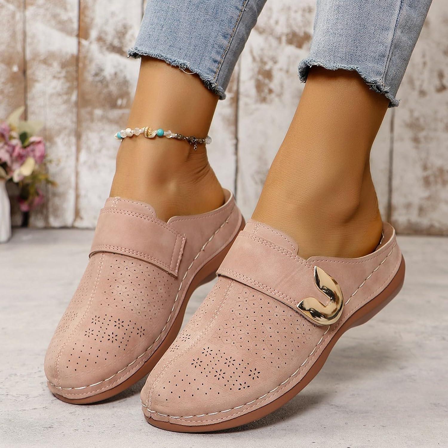 image:imageSabots orthopdiques enfiler bout ferm pour femme Coupe large Sandales de marche avec soutien de la vote plantaire et sangle boucle rglableRose