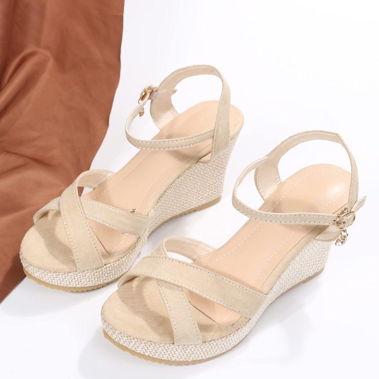 image:imageSandales Compensees Femme t Plateforme Vintage Sandale Vacances High Heels Antidrapantes Bout Ouvert Vacances Sandales Respirantes Romain Sandales Chaussures de Plag avec boucles