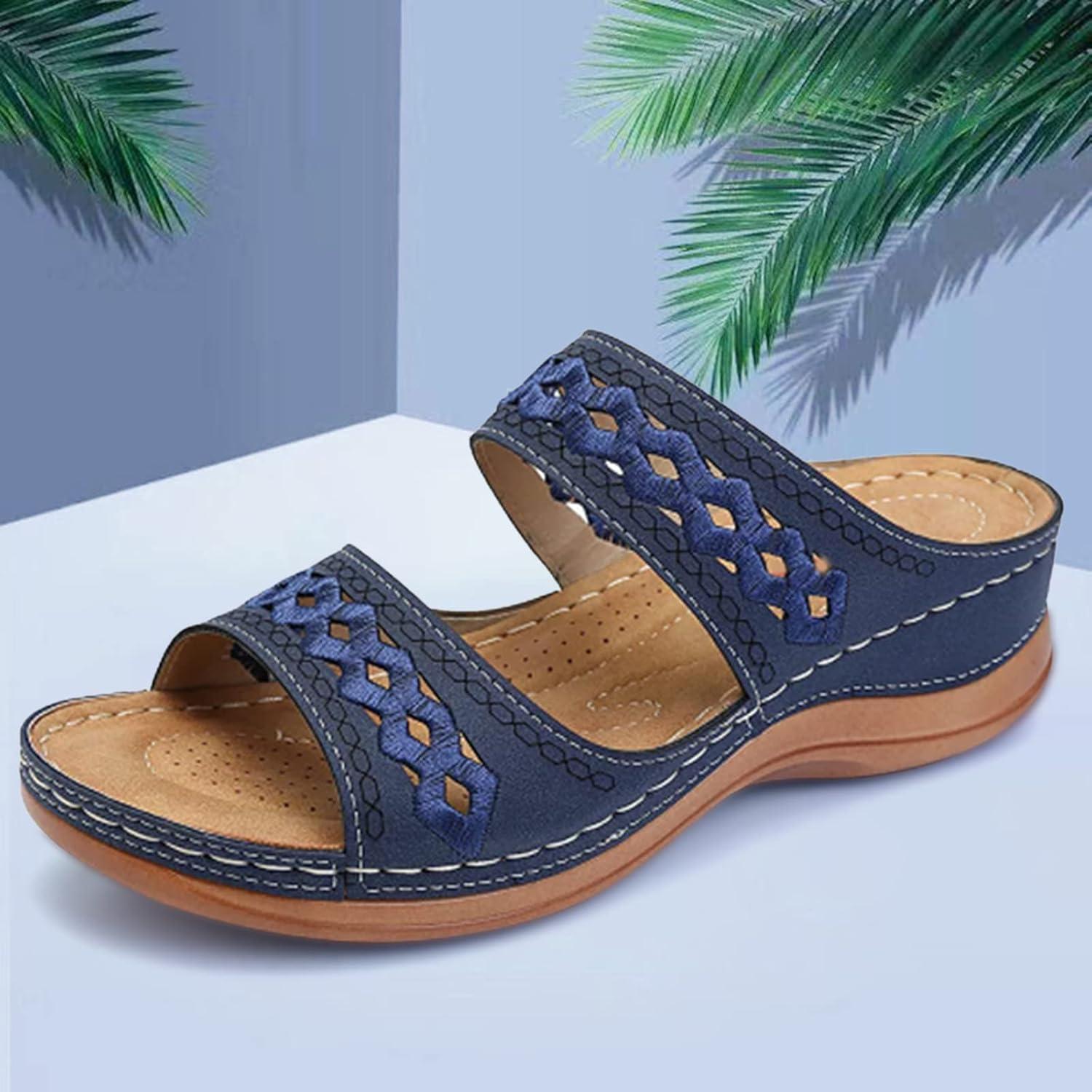 image:imageSandales Et Mules Pour Femmes t Mode Chaussure Compenses Bout Ouvert Sandales Claquettes Orthopdique AntiDrapant Chaussures De Plage Plateforme Mules Chaussons Respirantes PantouflesZ4 Dark Blue