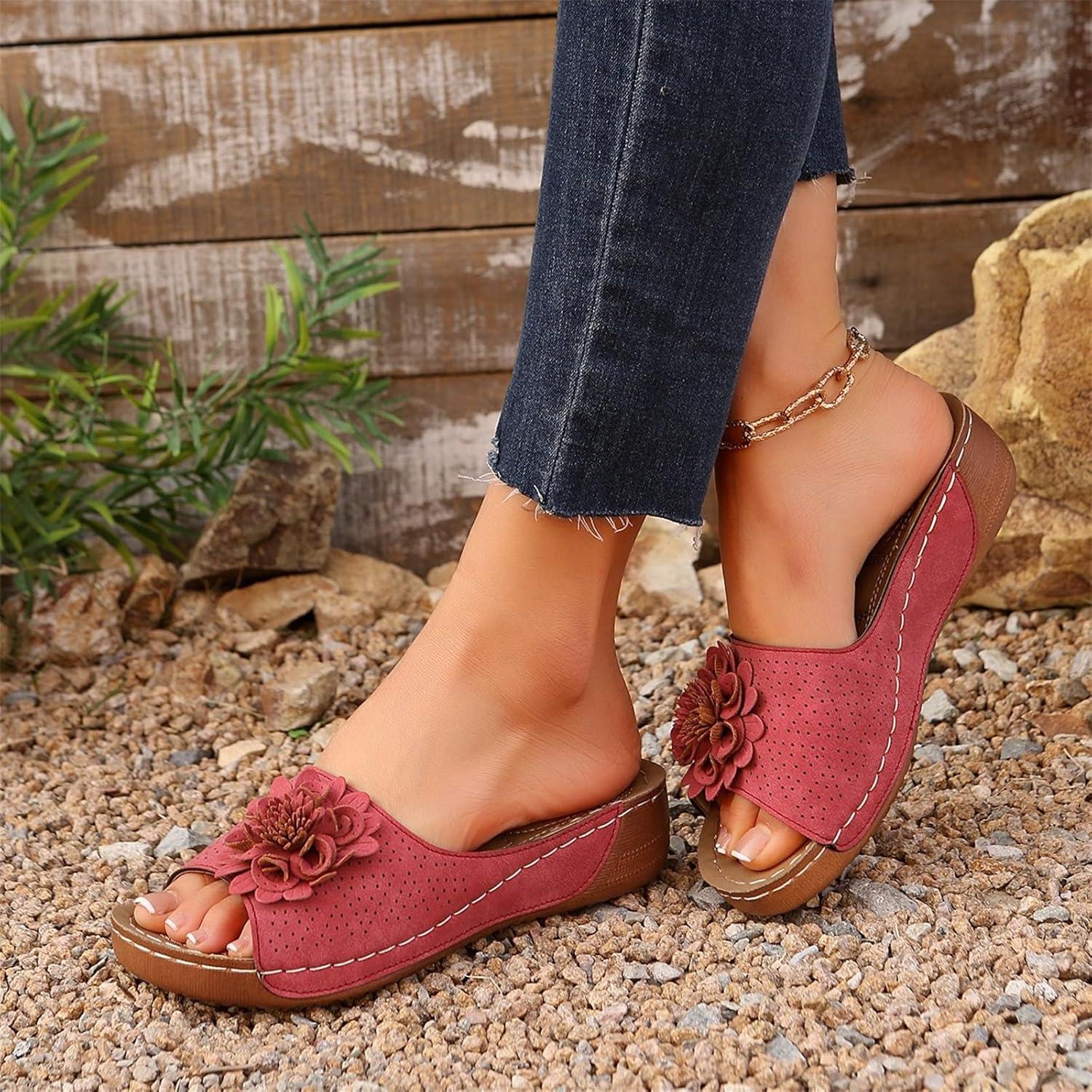 image:imageSandales Et Mules Pour Femmes t Mode Chaussure Compenses Bout Ouvert Sandales Claquettes Orthopdique AntiDrapant Chaussures De Plage Plateforme Mules Chaussons Respirantes PantouflesZ6 Red