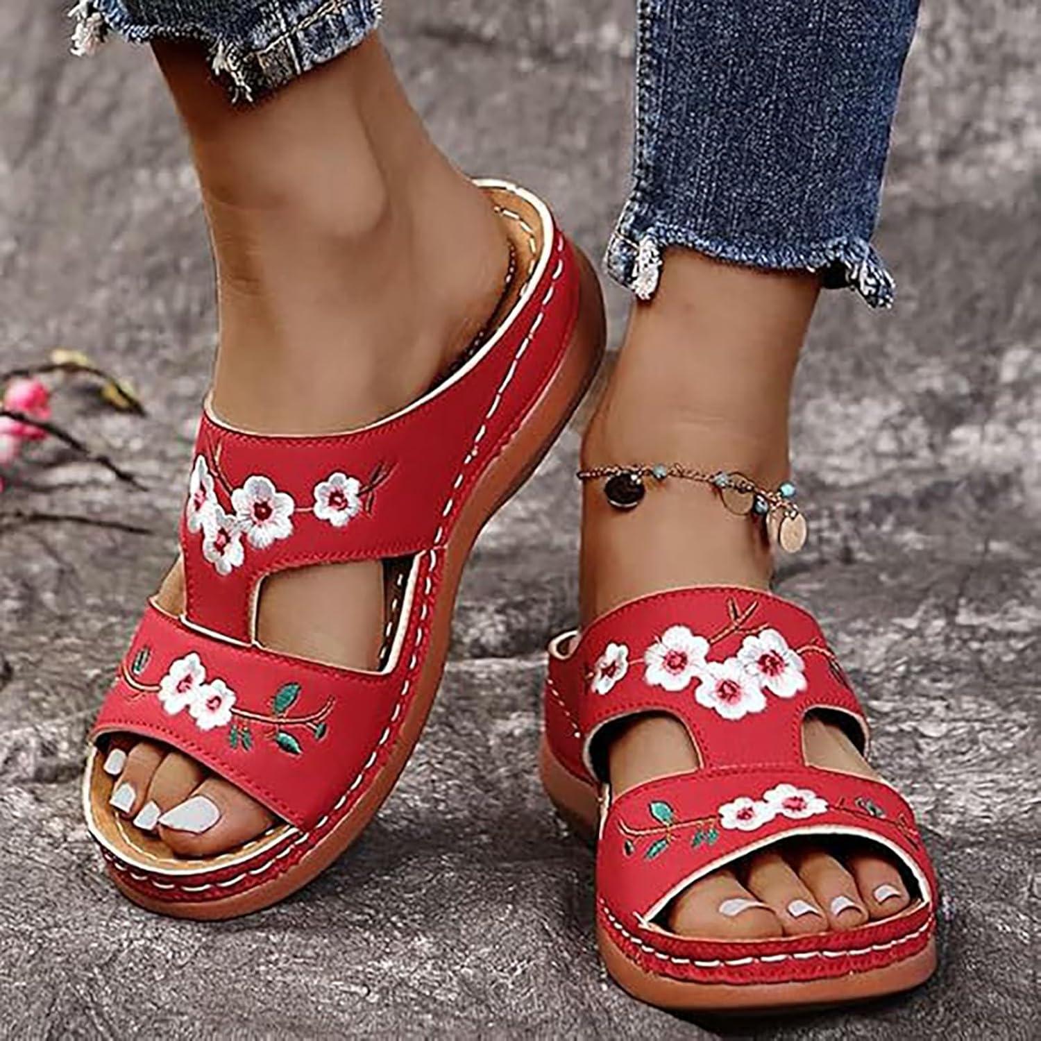 image:imageSandales Et Mules Pour Femmes t Mode Chaussure Compenses Bout Ouvert Sandales Claquettes Orthopdique AntiDrapant Chaussures De Plage Plateforme Mules Chaussons Respirantes PantouflesZ3 Red