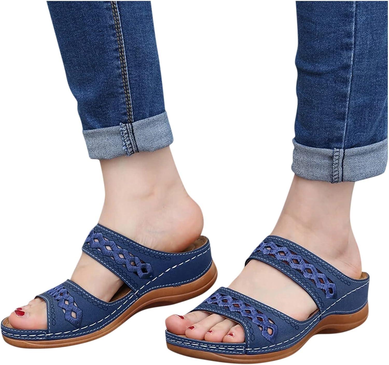 image:imageSandales Et Mules Pour Femmes t Mode Chaussure Compenses Bout Ouvert Sandales Claquettes Orthopdique AntiDrapant Chaussures De Plage Plateforme Mules Chaussons Respirantes PantouflesZ4 Dark Blue