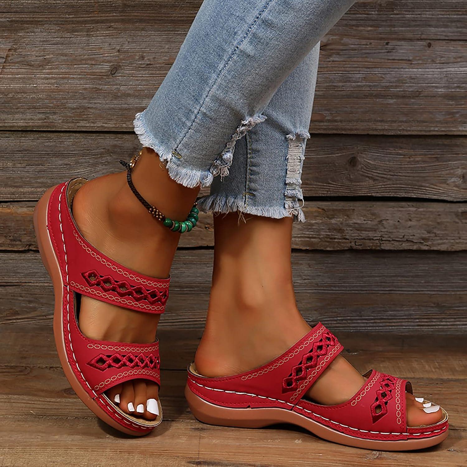 image:imageSandales Et Mules Pour Femmes t Mode Chaussure Compenses Bout Ouvert Sandales Claquettes Orthopdique AntiDrapant Chaussures De Plage Plateforme Mules Chaussons Respirantes PantouflesZ5 Red