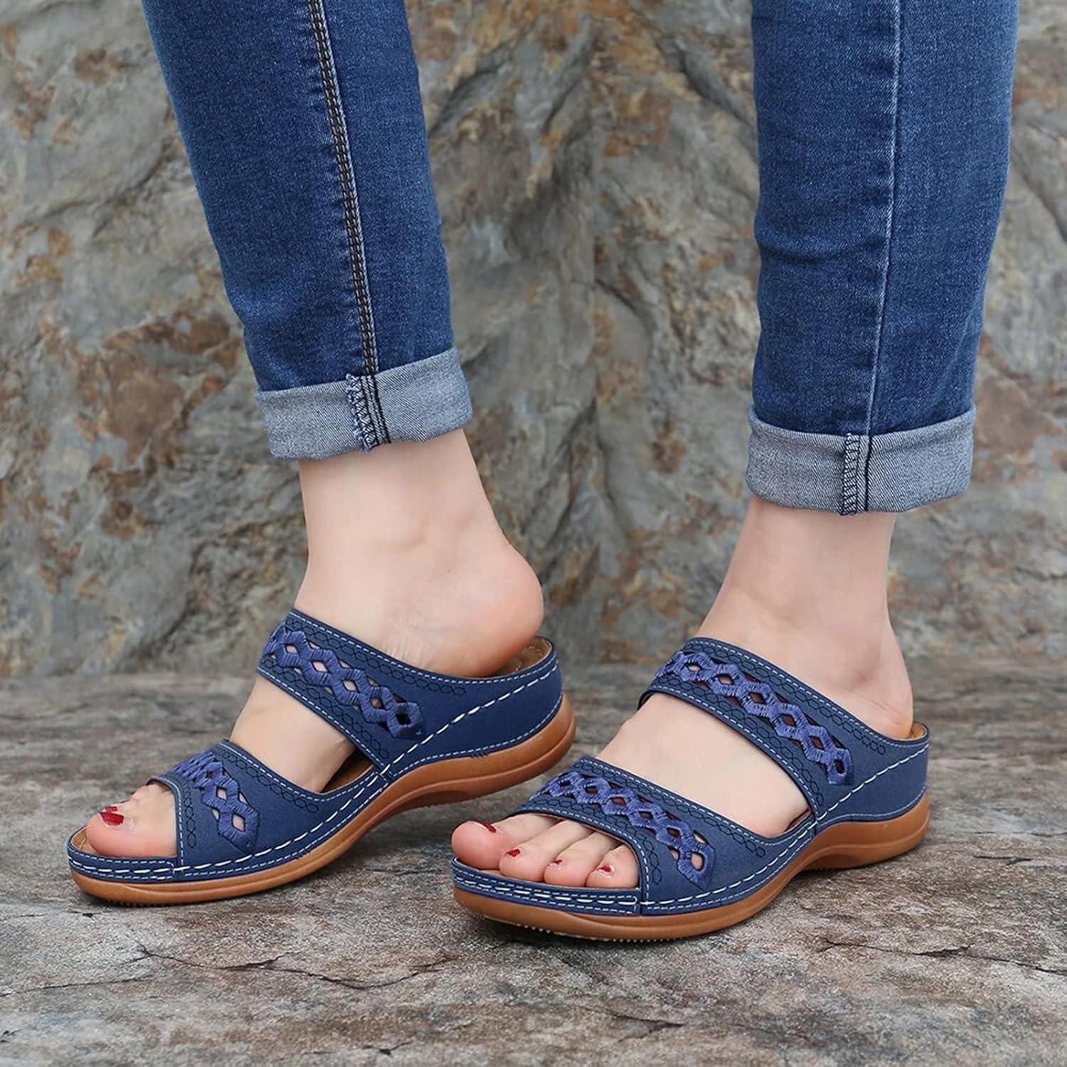 image:imageSandales Et Mules Pour Femmes t Mode Chaussure Compenses Bout Ouvert Sandales Claquettes Orthopdique AntiDrapant Chaussures De Plage Plateforme Mules Chaussons Respirantes PantouflesZ4 Dark Blue