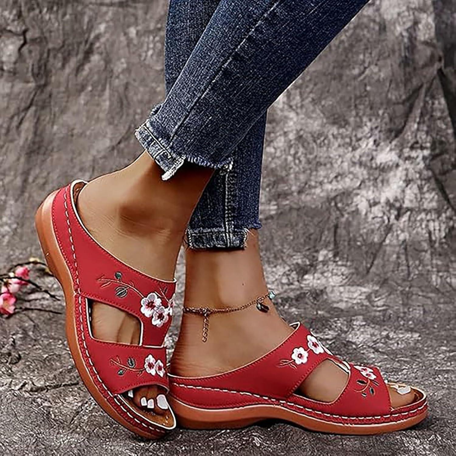 image:imageSandales Et Mules Pour Femmes t Mode Chaussure Compenses Bout Ouvert Sandales Claquettes Orthopdique AntiDrapant Chaussures De Plage Plateforme Mules Chaussons Respirantes PantouflesZ3 Red