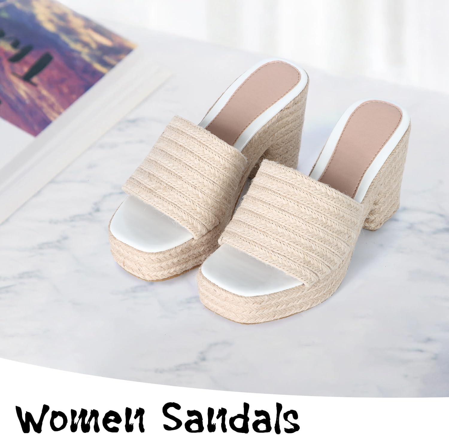 image:imageSandales Femme Plateforme Tresse Mules Talon Compens en Paille Sandales Ouvertes dt avec Semelle paisseAbricot