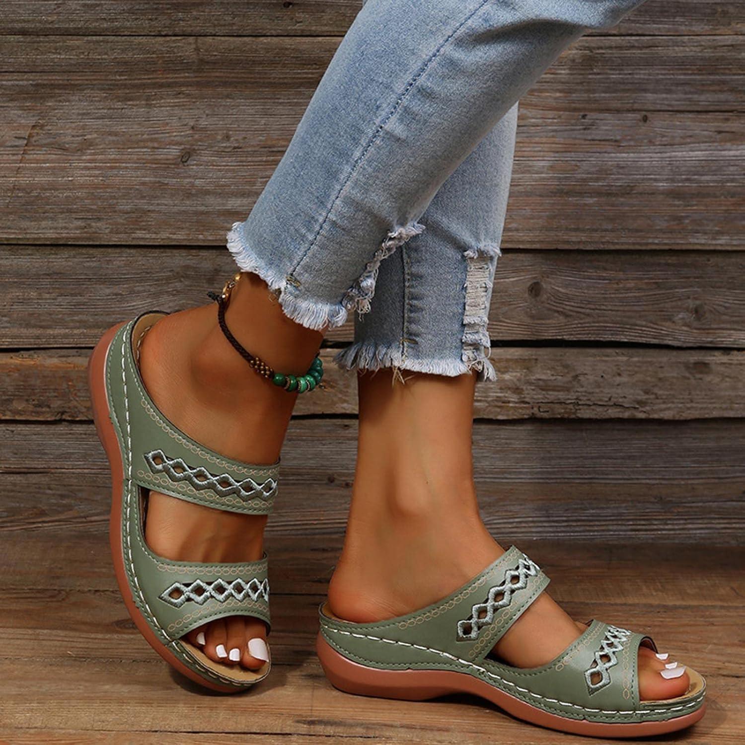 image:imageSandales Orthopdique Femmes t Marche Femme Confortable Plateforme Chaussures de Plage Antidrapantes Respirantes Bohme Bout Ouvert Sandales avec Talon Bloc Chaussure Femmes Talon CompensA Vert