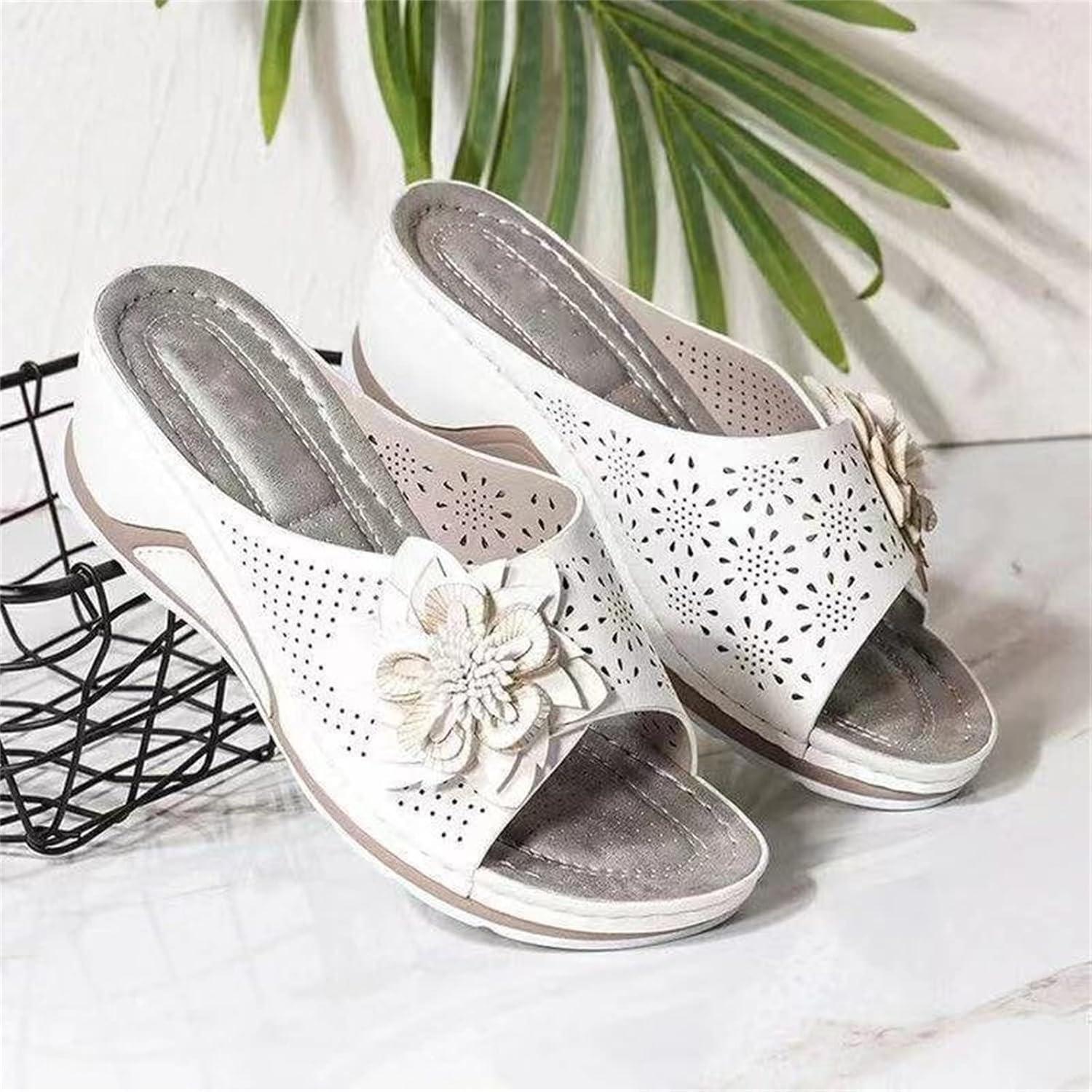 image:imageSandales orthopdiques de soutien de la vote plantaire en cuir souple Sandales compenses en cuir pour femmes pour le confort et llganceBlanc