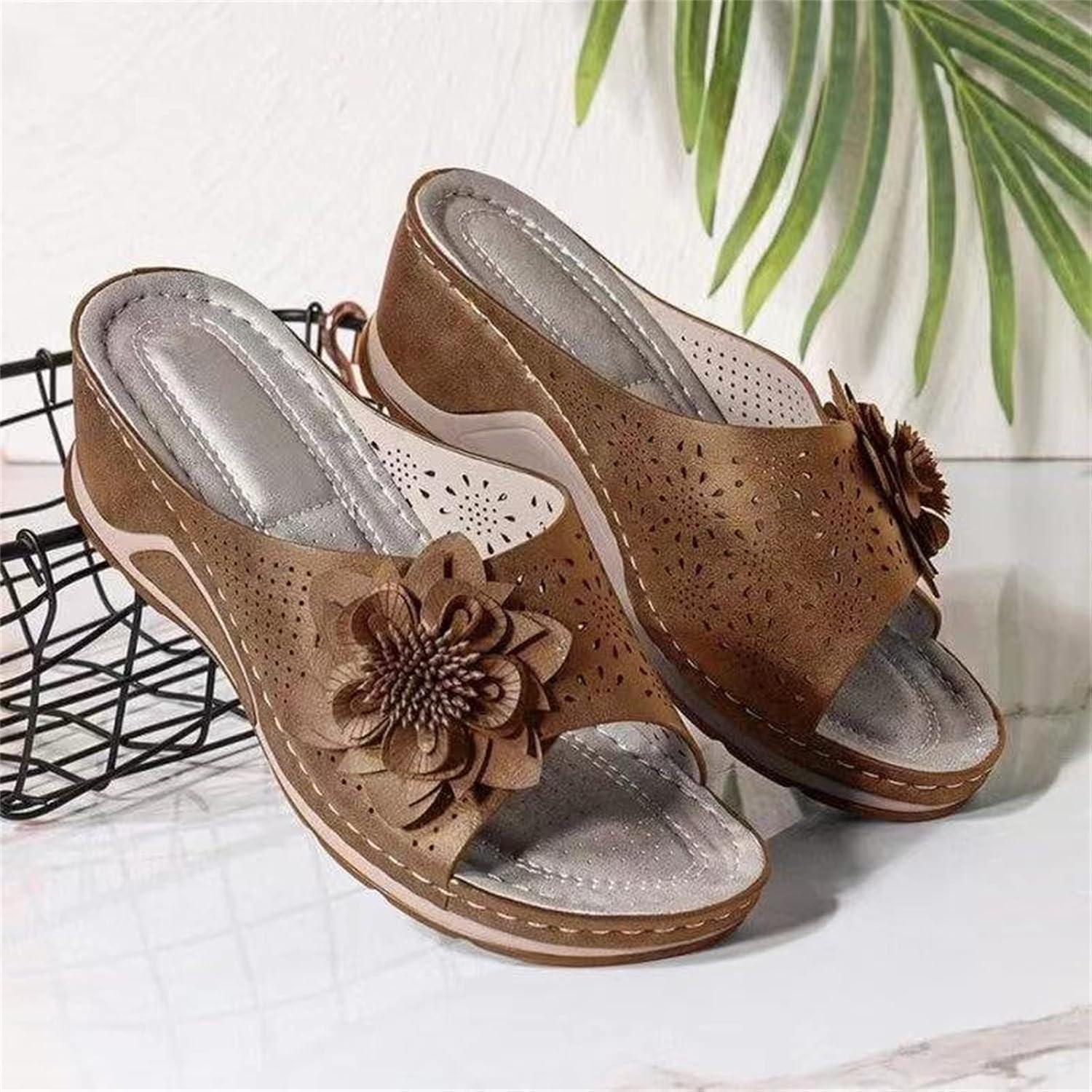 image:imageSandales orthopdiques de soutien de la vote plantaire en cuir souple Sandales compenses en cuir pour femmes pour le confort et llganceMarron