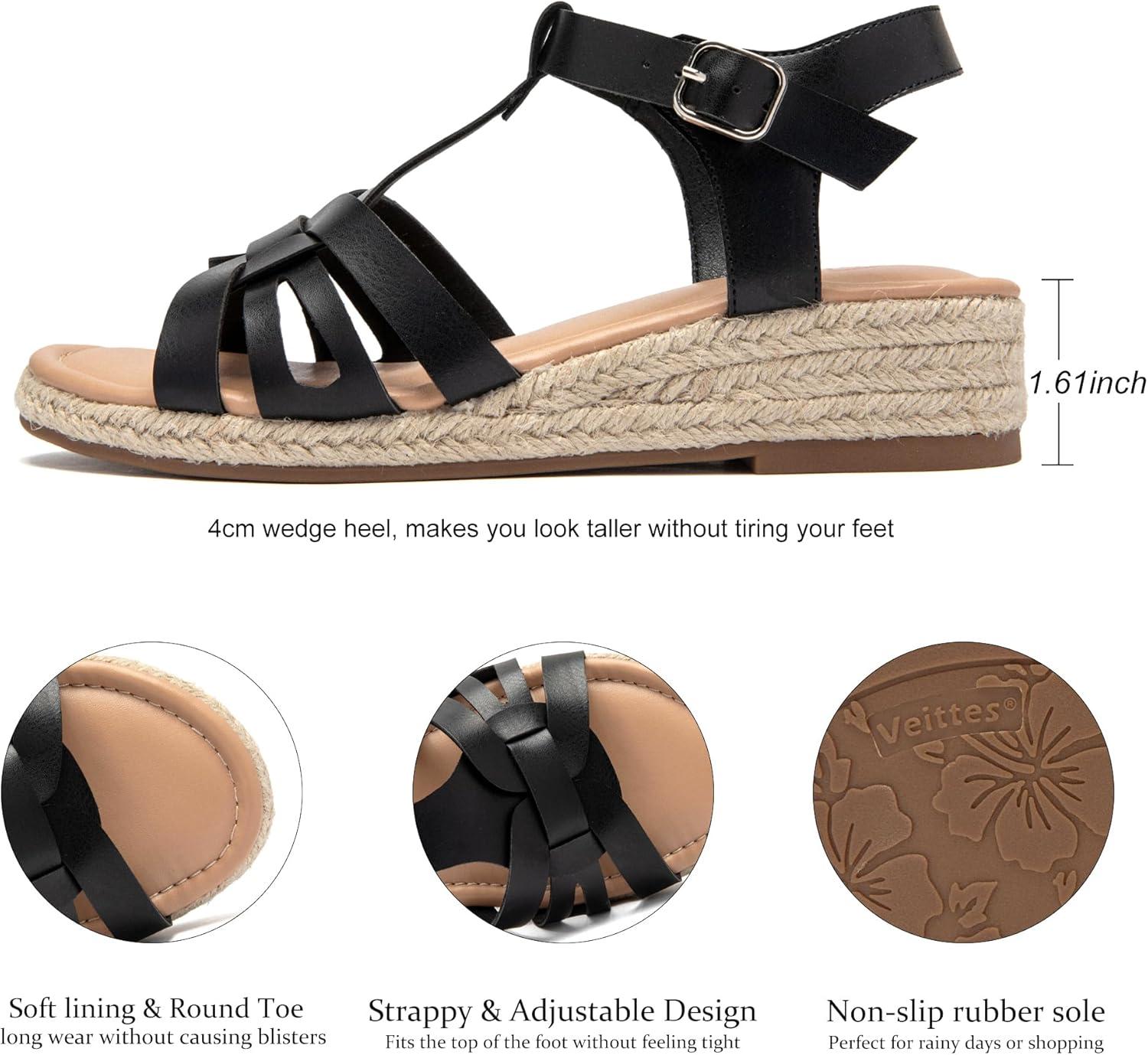 image:imageVeittes Sandales compenses plateforme pour femmesSemelle en caoutchouc antidrapante confortable sandales compenses dcontractes avec lanires et bride la cheville pour ltFr2507007 Noir