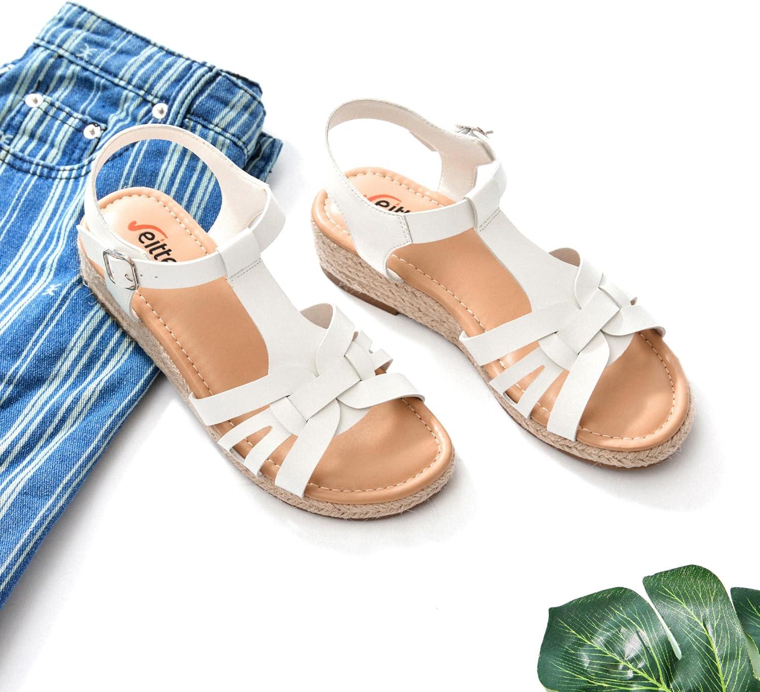image:imageVeittes Sandales compenses plateforme pour femmesSemelle en caoutchouc antidrapante confortable sandales compenses dcontractes avec lanires et bride la cheville pour ltFr2507007 Blanc
