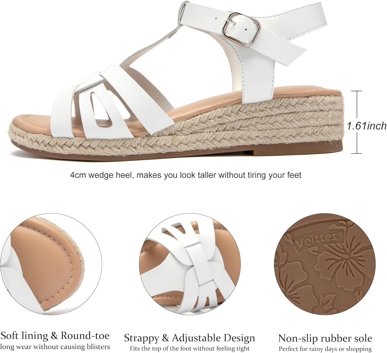 image:imageVeittes Sandales compenses plateforme pour femmesSemelle en caoutchouc antidrapante confortable sandales compenses dcontractes avec lanires et bride la cheville pour ltFr2507007 Blanc