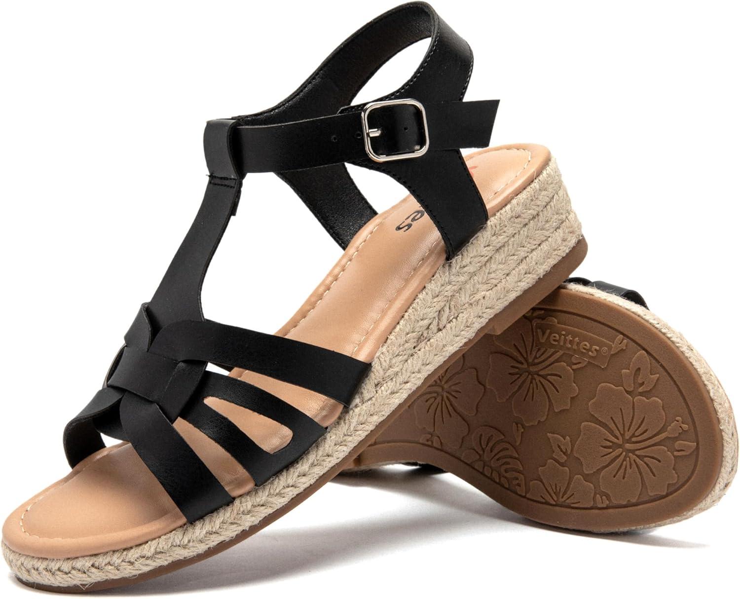 image:imageVeittes Sandales compenses plateforme pour femmesSemelle en caoutchouc antidrapante confortable sandales compenses dcontractes avec lanires et bride la cheville pour ltFr2507007 Noir