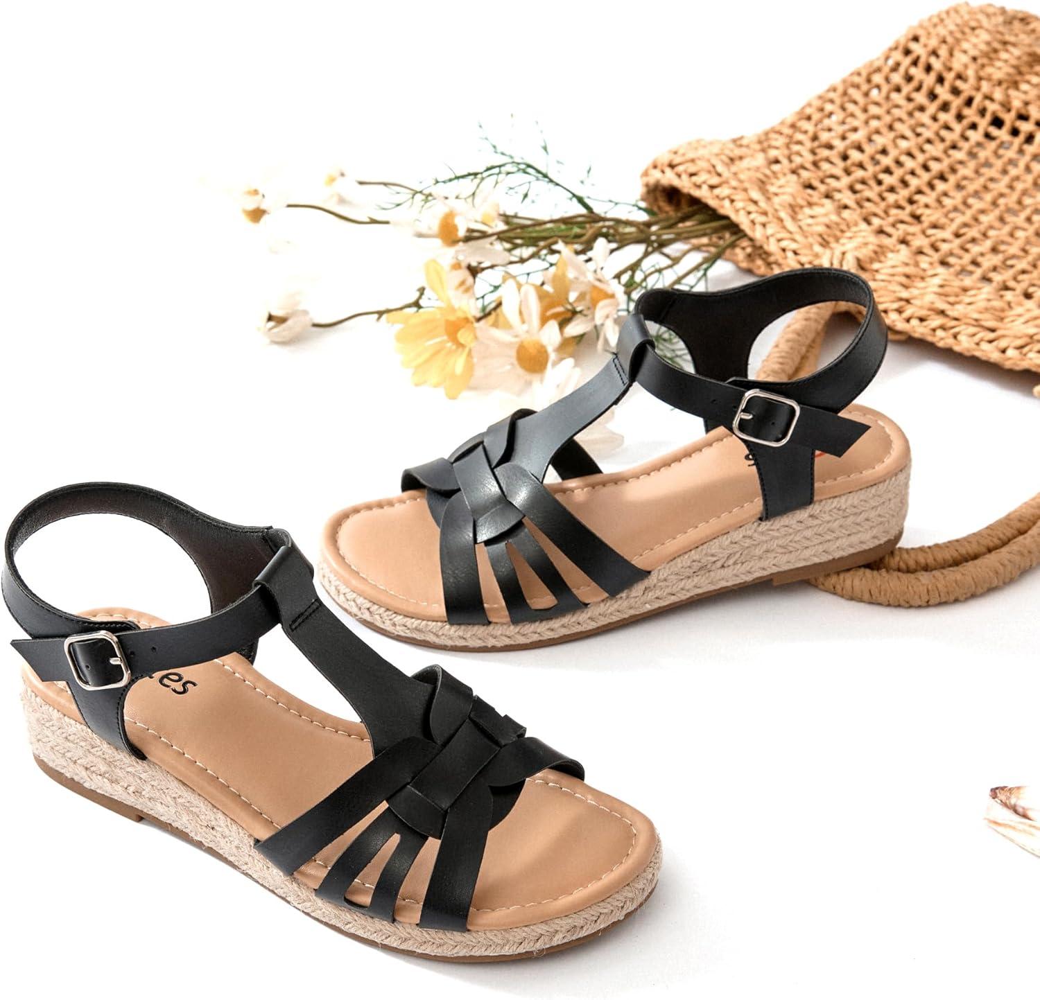image:imageVeittes Sandales compenses plateforme pour femmesSemelle en caoutchouc antidrapante confortable sandales compenses dcontractes avec lanires et bride la cheville pour ltFr2507007 Noir