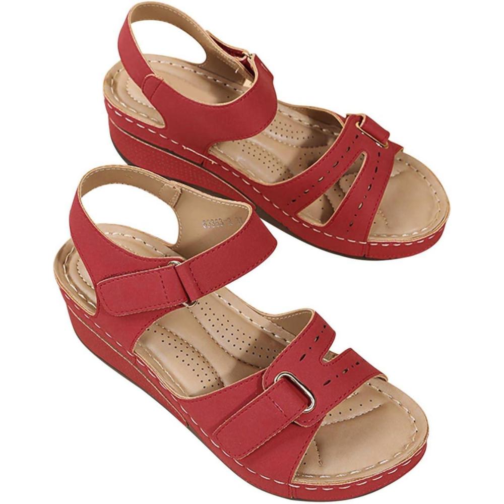 image:image2025 Sandales Orthopdique Femmes t Sandales De Marche Femme Confortable Orthopdique Confortables Plateforme Chaussures Antidrapantes Respirantes Bohme Bout Ouvert Sandales avec Talon BlocRouge