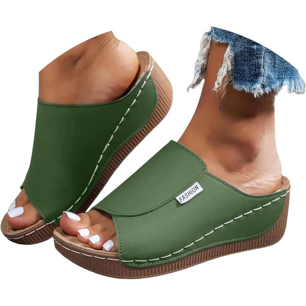 image:imageChaussons dt pour femme 2025 orthopdiques anatomiques avec coins confortables antidrapants lgers sandales bout ouvert pour bandeaux plantaires Arch Support Chaussons lgants pour mer maisonVert