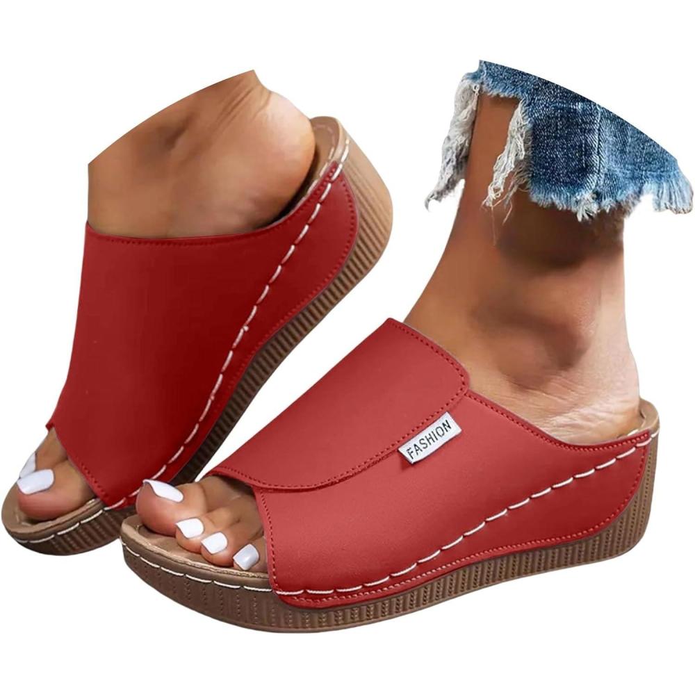 image:imageChaussons dt pour femme 2025 orthopdiques anatomiques avec coins confortables antidrapants lgers sandales bout ouvert pour bandeaux plantaires Arch Support Chaussons lgants pour mer maison01 Rouge