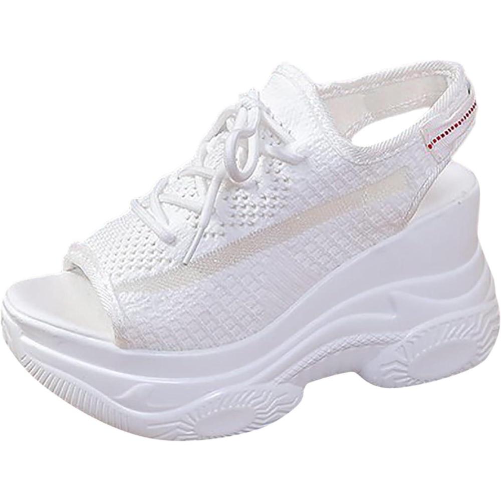 image:imageFemmes Baskets Sandales de sport lacets en tissu pour femmes t Compenses Plateforme Bout OuvertBlanc