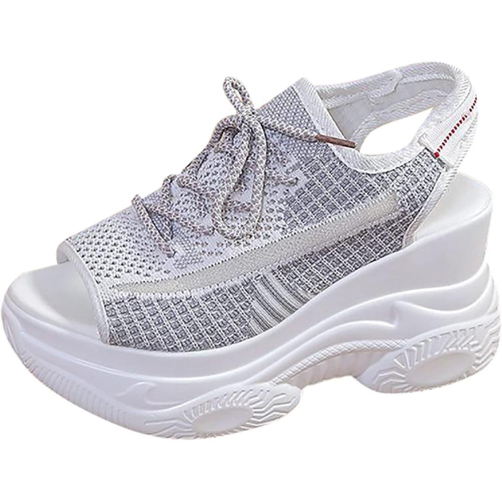 image:imageFemmes Baskets Sandales de sport lacets en tissu pour femmes t Compenses Plateforme Bout OuvertGris