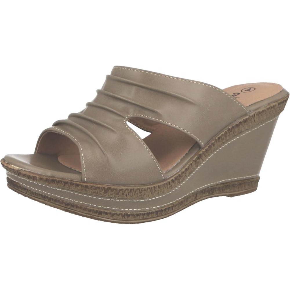 image:imageLadies Leather Lined Peep Toe Mid Wedge Mule SandalsTaupe