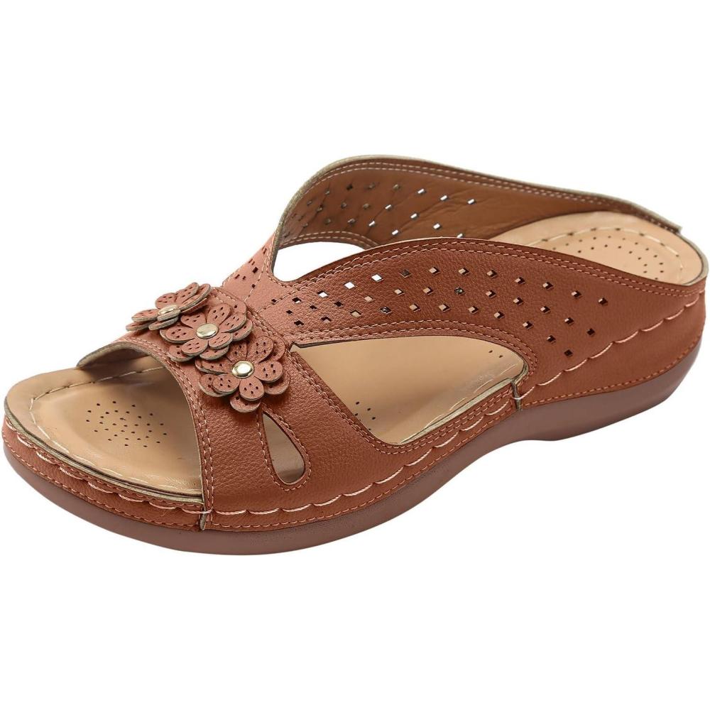 image:imageMules en Cuir pour Femme Sandales Mode Bout Ouvert Compenses Plateforme Pantoufles Premium Orthopdiques Sandales Vintage Chaussons de Plage dt04 Brun